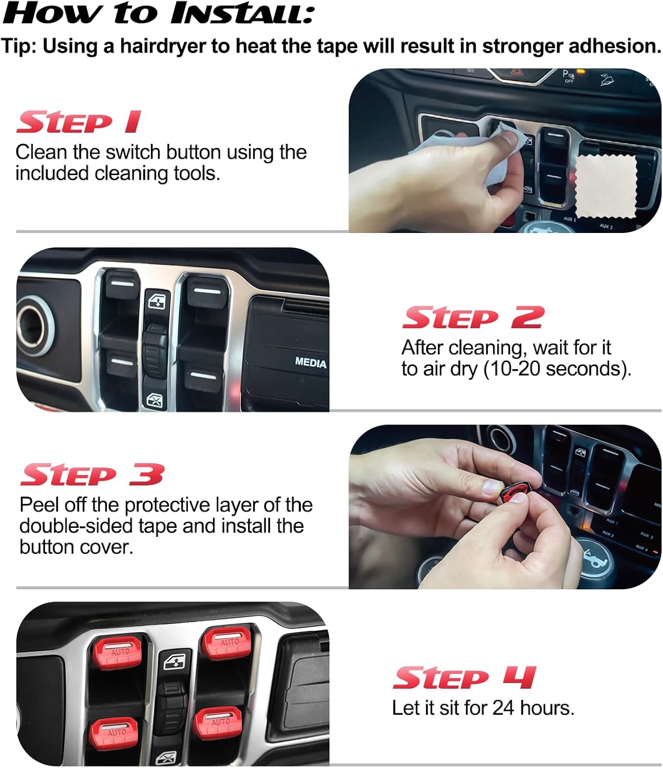 DIAMOOKY 4PCS Upgraded Window Switch Button Cover Compatible with Jeep Wrangler JL JLU 2018-2026 and Gladiator JT 2020 2021 2022 2023 2024 2025 2026 Wrangler 4xe Interior Accessories(Bright Red) - image 7