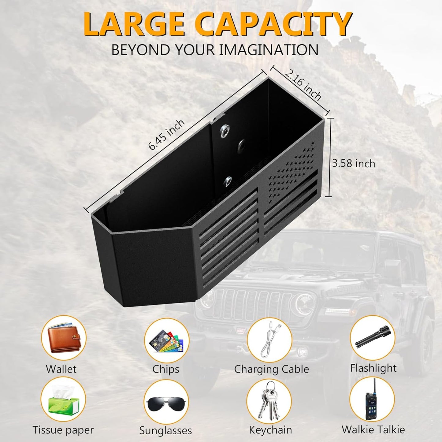 DIAMOOKY Metal Center Console Organizer, Storage Box Tray for Jeep Wrangler Accessories and Jeep Gladiator JL JLU 2025 2024 2023 2022-2018 Rubicon Sahara 4xe, Not for JK/JKU