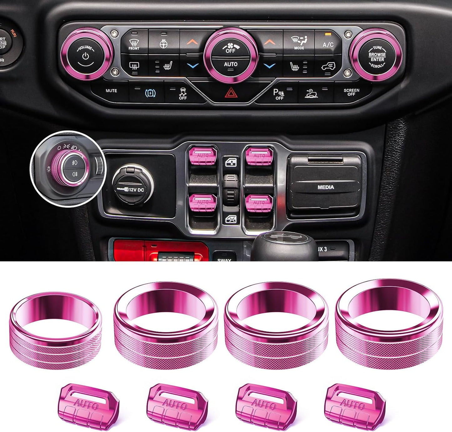 DIAMOOKY Jeep Wrangler & Gladiator Accessories Metal Button Knob Cover, Window Switch Button Cover Volume Radio Air Conditioner Headlight Switch Knob Cover,8PCS,Pink