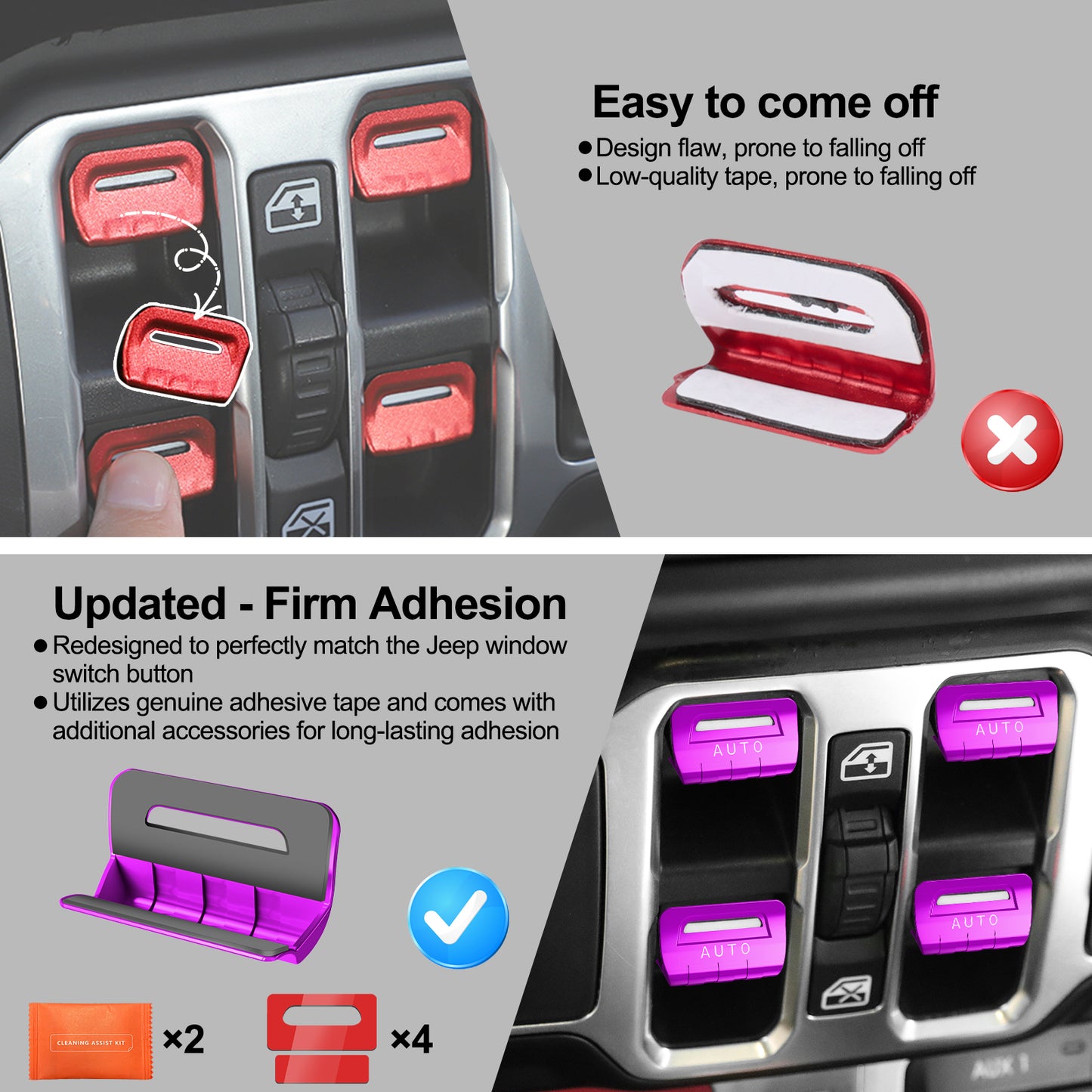 DIAMOOKY Metal Window Switch Button Cover 4PCS for Jeep Wrangler JL JLU 2018-2025 and Gladiator JT 2020-2025 Accessories, Purple