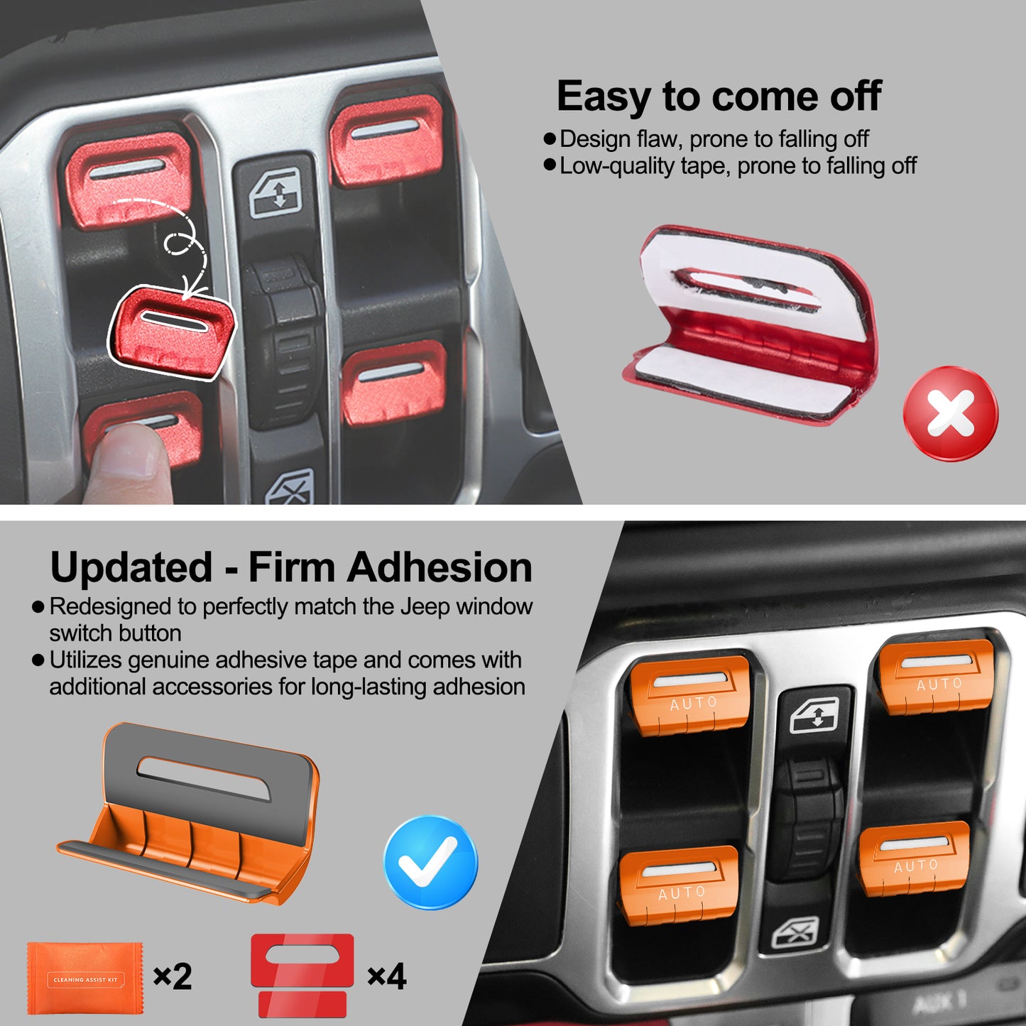 DIAMOOKY Metal Window Switch Button Cover 4PCS for Jeep Wrangler JL JLU 2018-2025 and Gladiator JT 2020-2025 Accessories,Orange