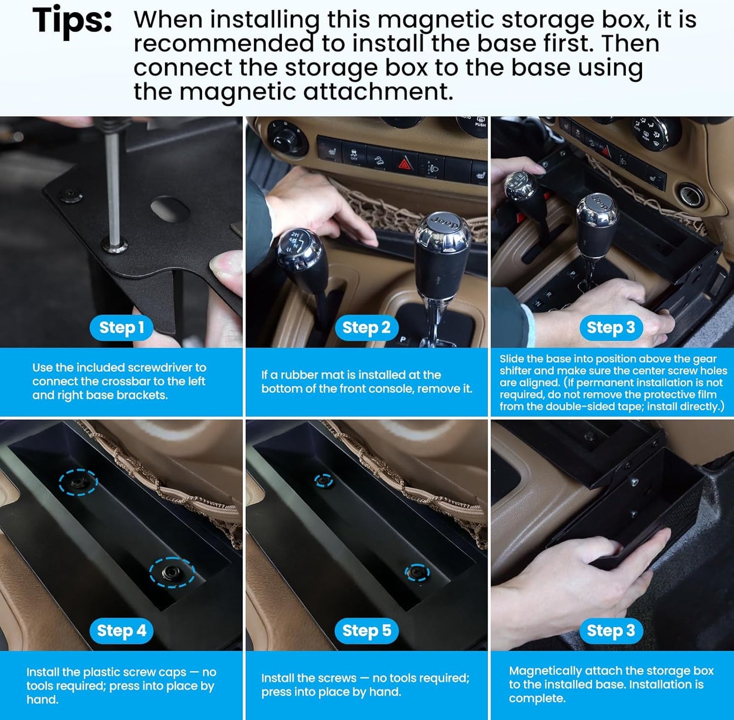 DIAMOOKY Upgraded Metal Magnetic Center Console Organizer for Jeep Wrangler JK JKU 2018 2017 2016 2015 2014 2013 2012 2011 Accessories, Gear Shift Side Storage Box Tray, Integrated (Not for JL/JLU) - image 7