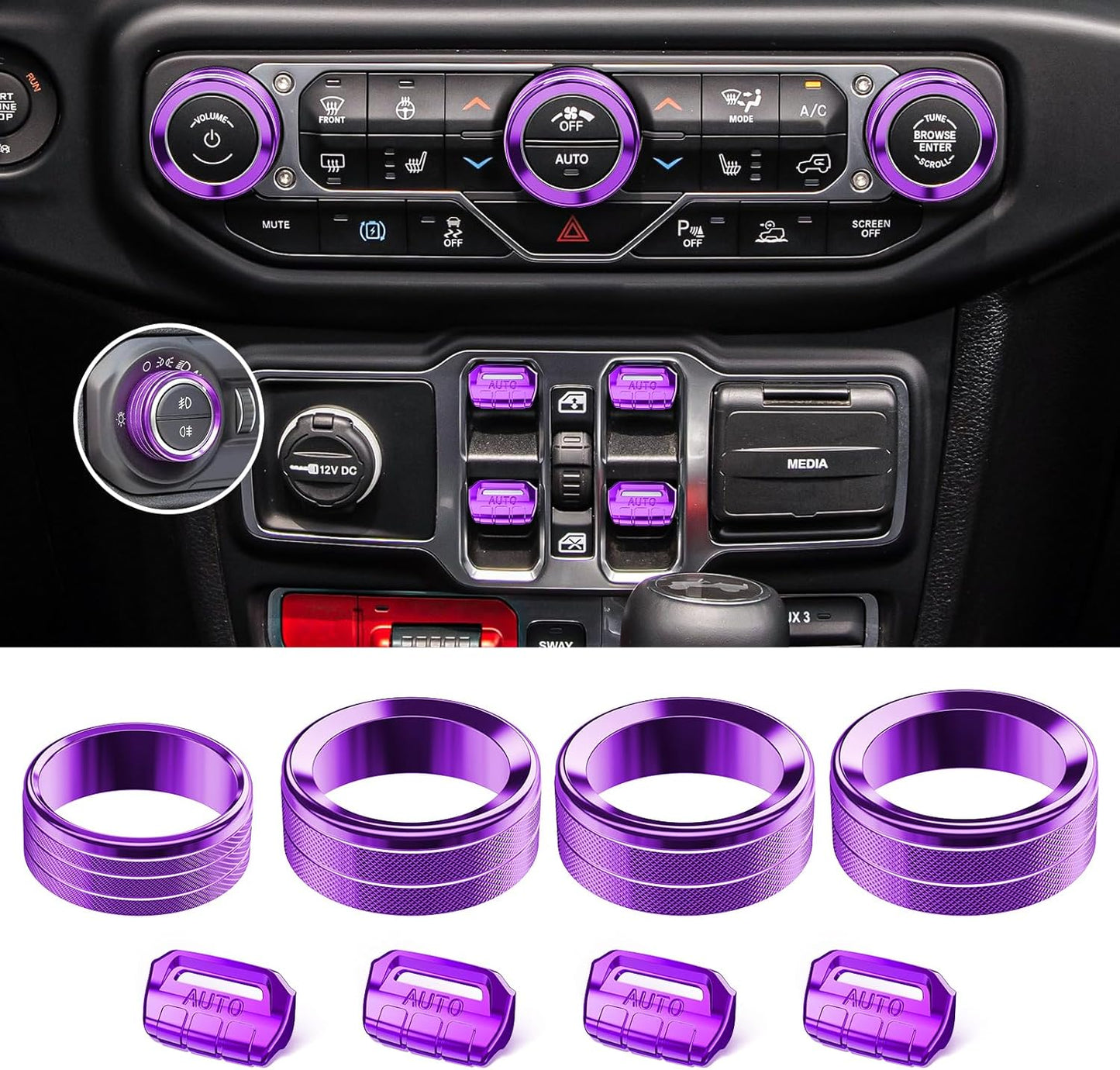 DIAMOOKY Jeep Wrangler & Gladiator Accessories Metal Button Knob Cover, Window Switch Button Cover Volume Radio Air Conditioner Headlight Switch Knob Cover,8PCS,Purple