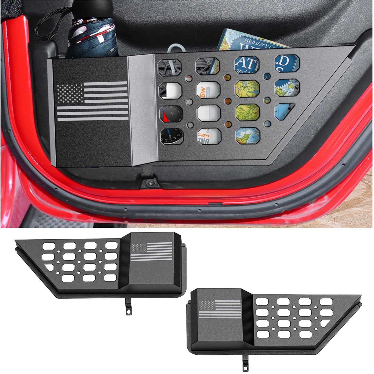 DIAMOOKY Rear Door Pocket Storage Box for Jeep Wrangler JL JLU 4XE 2018-2025 & Gladiator JT 2020-2022 2023 2024 2025, 2PCS - Rear Door Flag