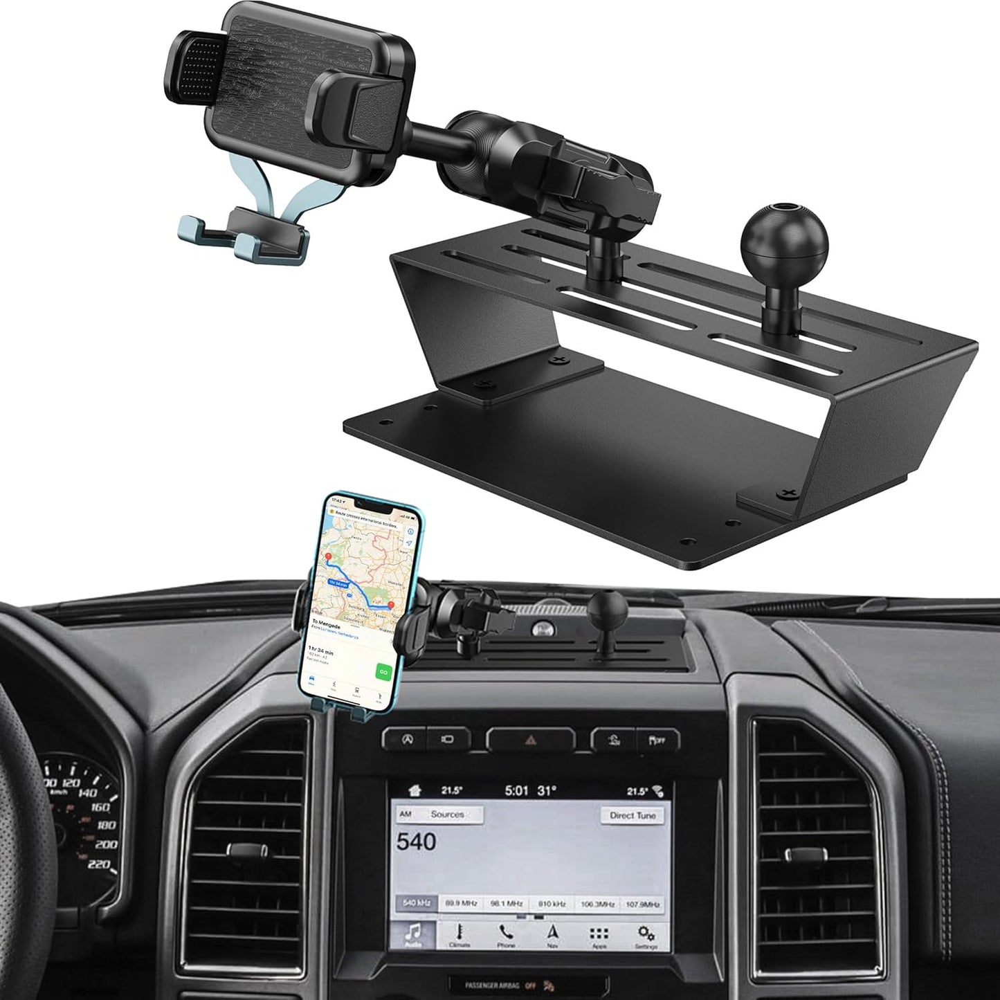 DIAMOOKY Dash Mount Phone Holder Metal Cellphone Mounting Bracket Stand Compatible with 2015-2020 F150 & 2017-2022 F250 & F350 & 2018-2021 Expedition