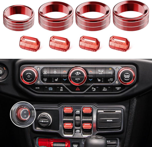 DIAMOOKY Jeep Wrangler & Gladiator Accessories Metal Button Knob Cover, Window Switch Button Cover Volume Radio Air Conditioner Headlight Switch Knob Cover, 8PCS, Red