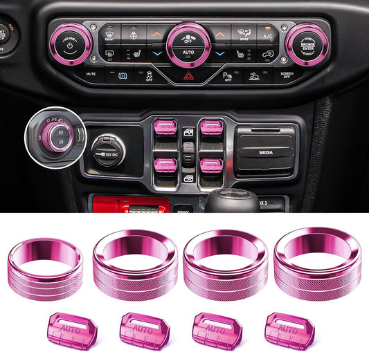 DIAMOOKY Jeep Wrangler & Gladiator Accessories Metal Button Knob Cover, Window Switch Button Cover Volume Radio Air Conditioner Headlight Switch Knob Cover,8PCS,Pink