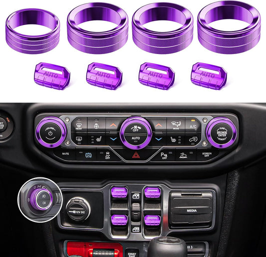 DIAMOOKY Jeep Wrangler & Gladiator Accessories Metal Button Knob Cover, Window Switch Button Cover Volume Radio Air Conditioner Headlight Switch Knob Cover,8PCS,Purple