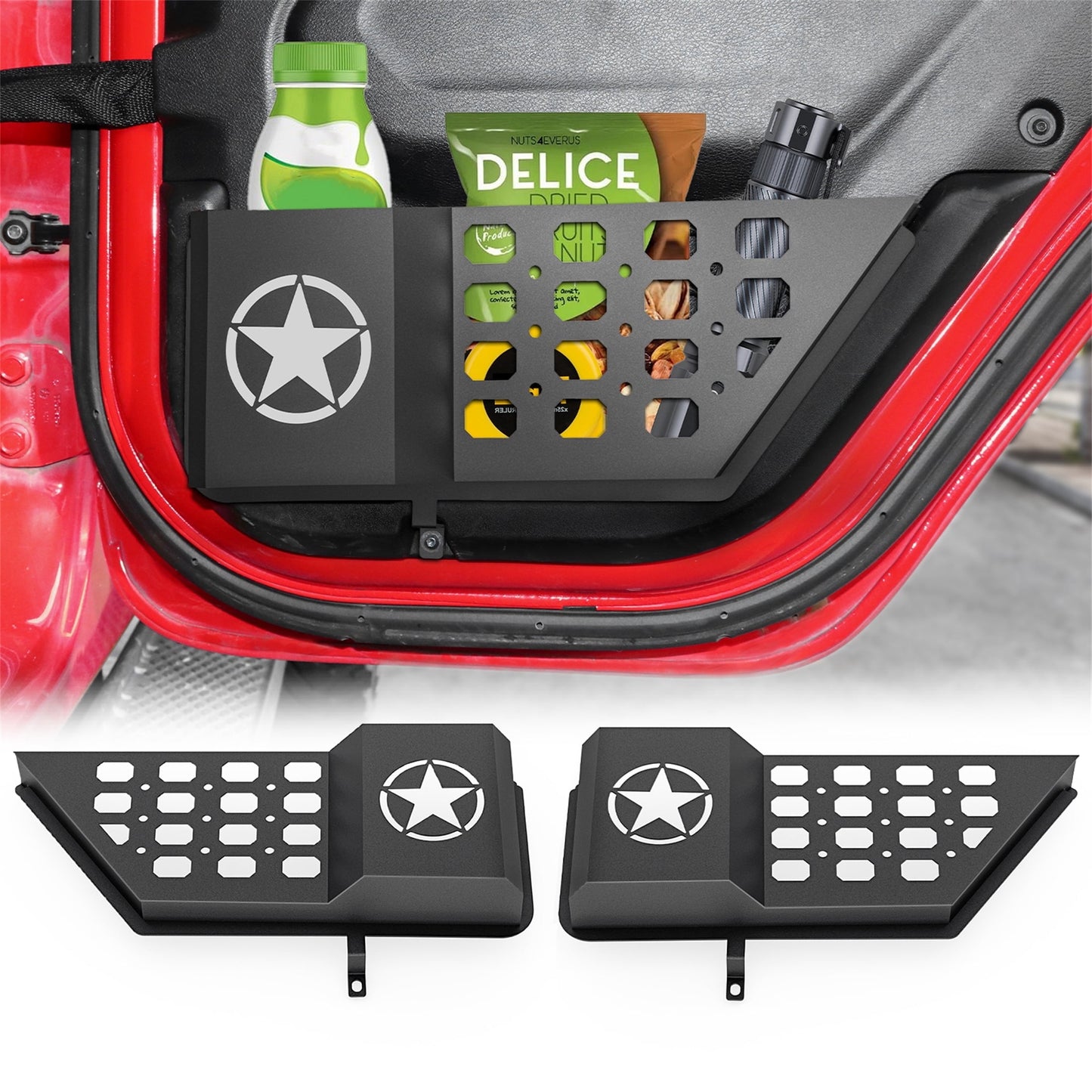 DIAMOOKY Rear Door Pocket Storage Box for Jeep Wrangler JL JLU 4XE 2018-2025 & Gladiator JT 2020-2022 2023 2024 2025, 2PCS - Rear Door Star