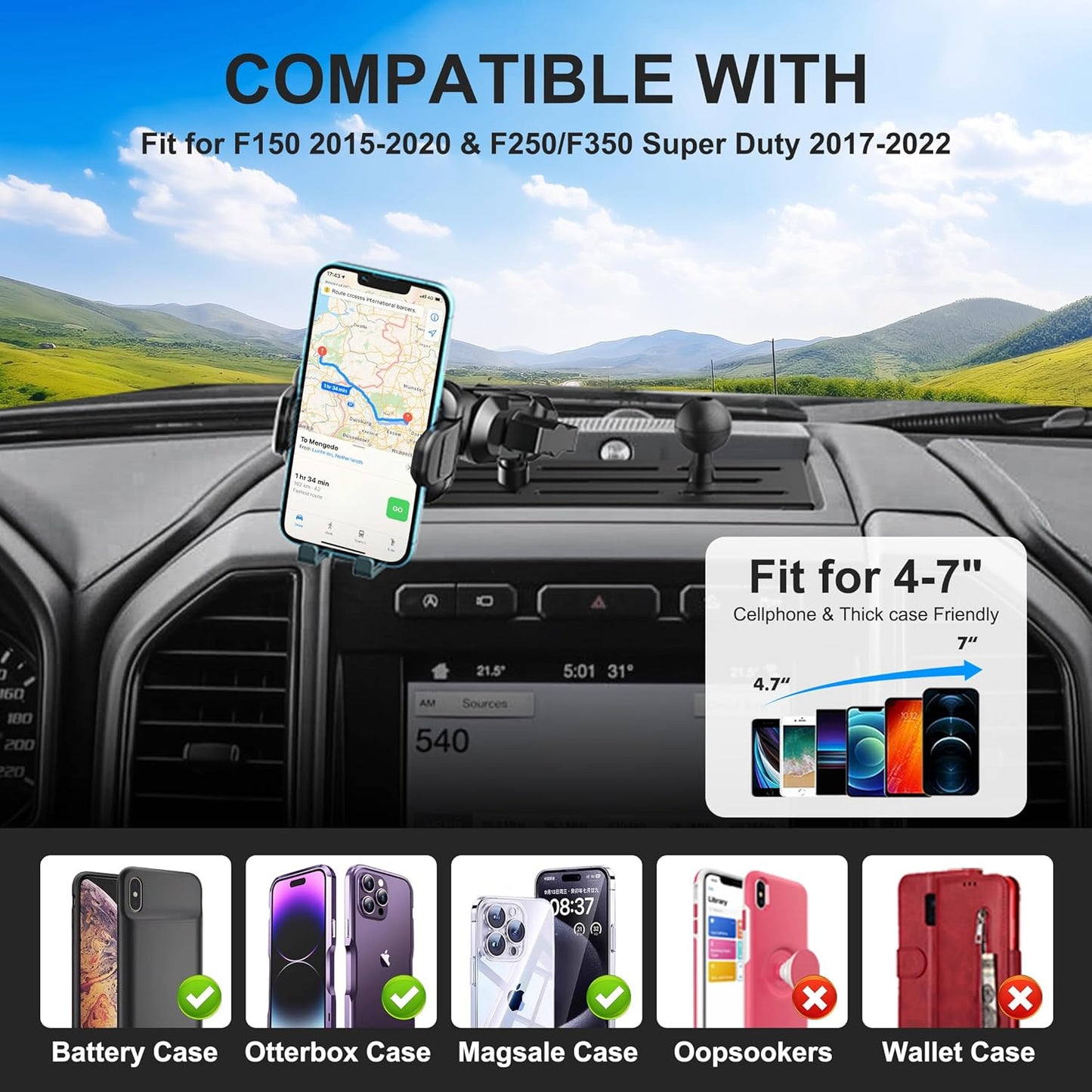 DIAMOOKY Dash Mount Phone Holder Metal Cellphone Mounting Bracket Stand Compatible with 2015-2020 F150 & 2017-2022 F250 & F350 & 2018-2021 Expedition