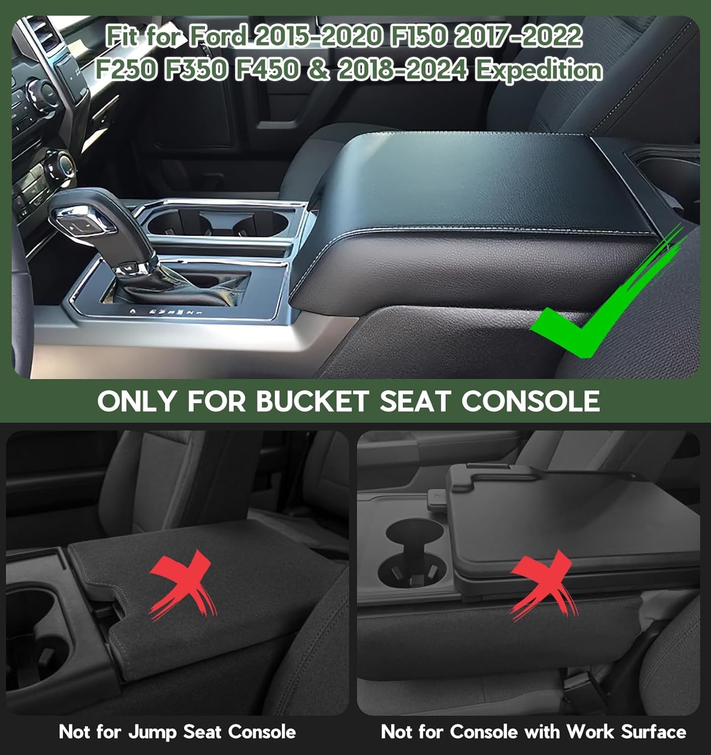 DIAMOOKY Center Console Cover Armrest Cover Compatible with Ford F150 2015-2020, F250 F350 F450 2017-2022, Expedition 2018-2024, PU Leather Arm Rest Covering for Car,Truck Interior Accessories