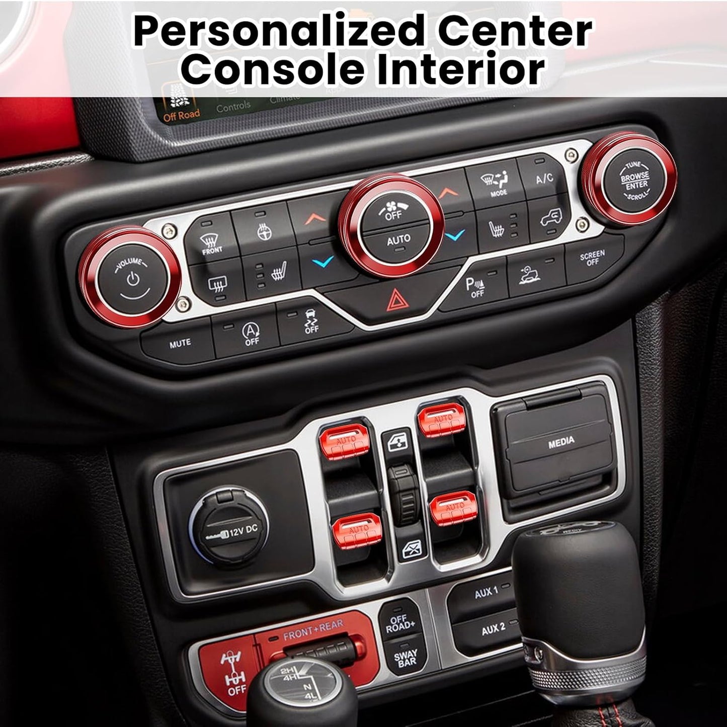 DIAMOOKY Jeep Wrangler & Gladiator Accessories Metal Button Knob Cover, Window Switch Button Cover Volume Radio Air Conditioner Headlight Switch Knob Cover, 8PCS, Red