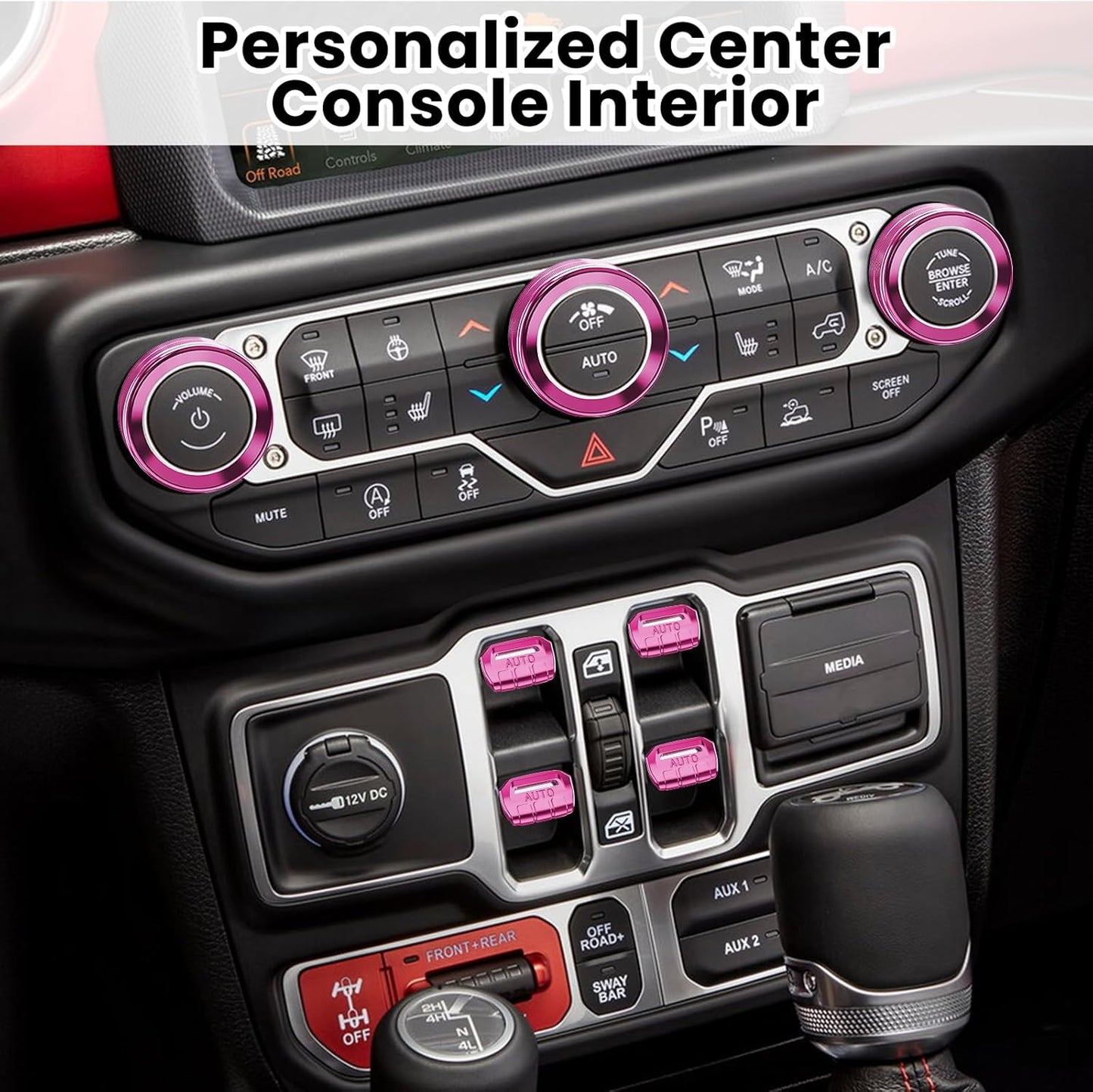 DIAMOOKY Jeep Wrangler & Gladiator Accessories Metal Button Knob Cover, Window Switch Button Cover Volume Radio Air Conditioner Headlight Switch Knob Cover,8PCS,Pink