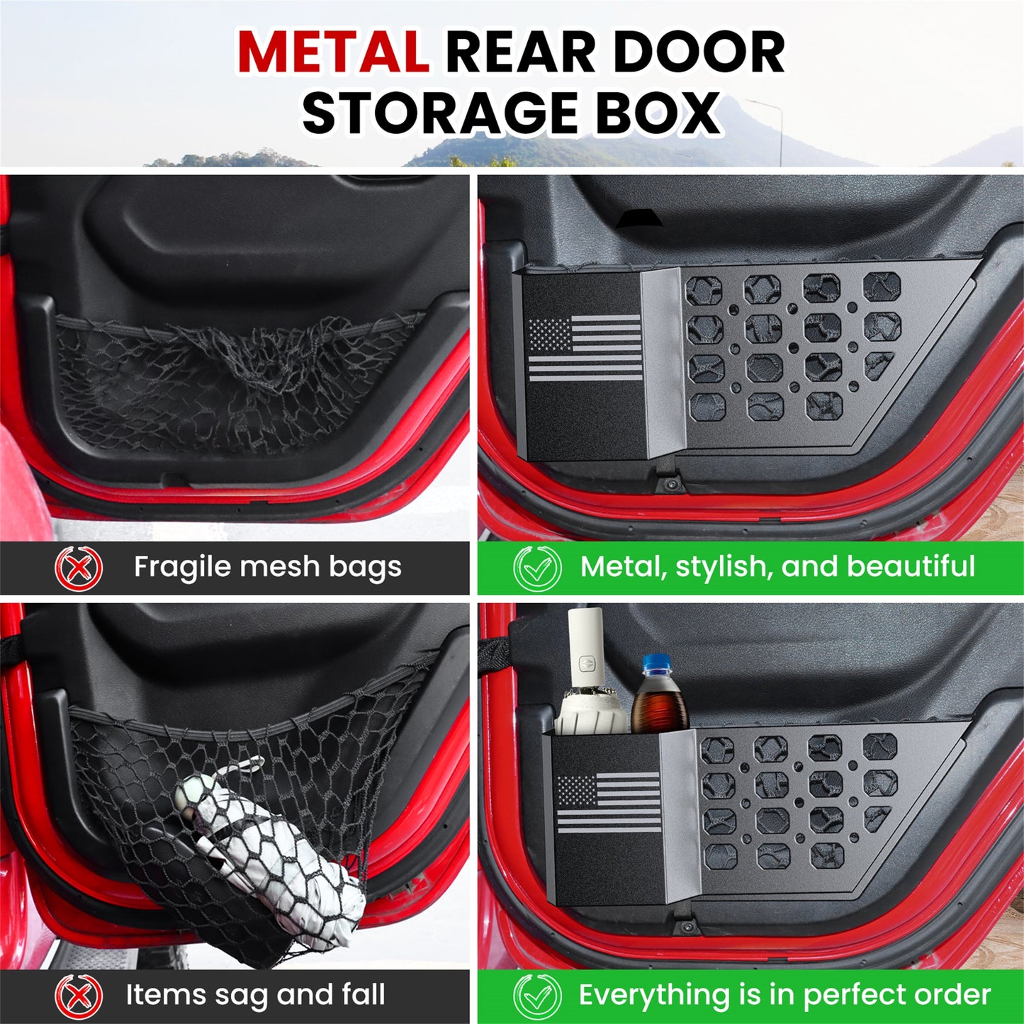 DIAMOOKY Rear Door Pocket Storage Box for Jeep Wrangler JL JLU 4XE 2018-2025 & Gladiator JT 2020-2022 2023 2024 2025, 2PCS - Rear Door Flag
