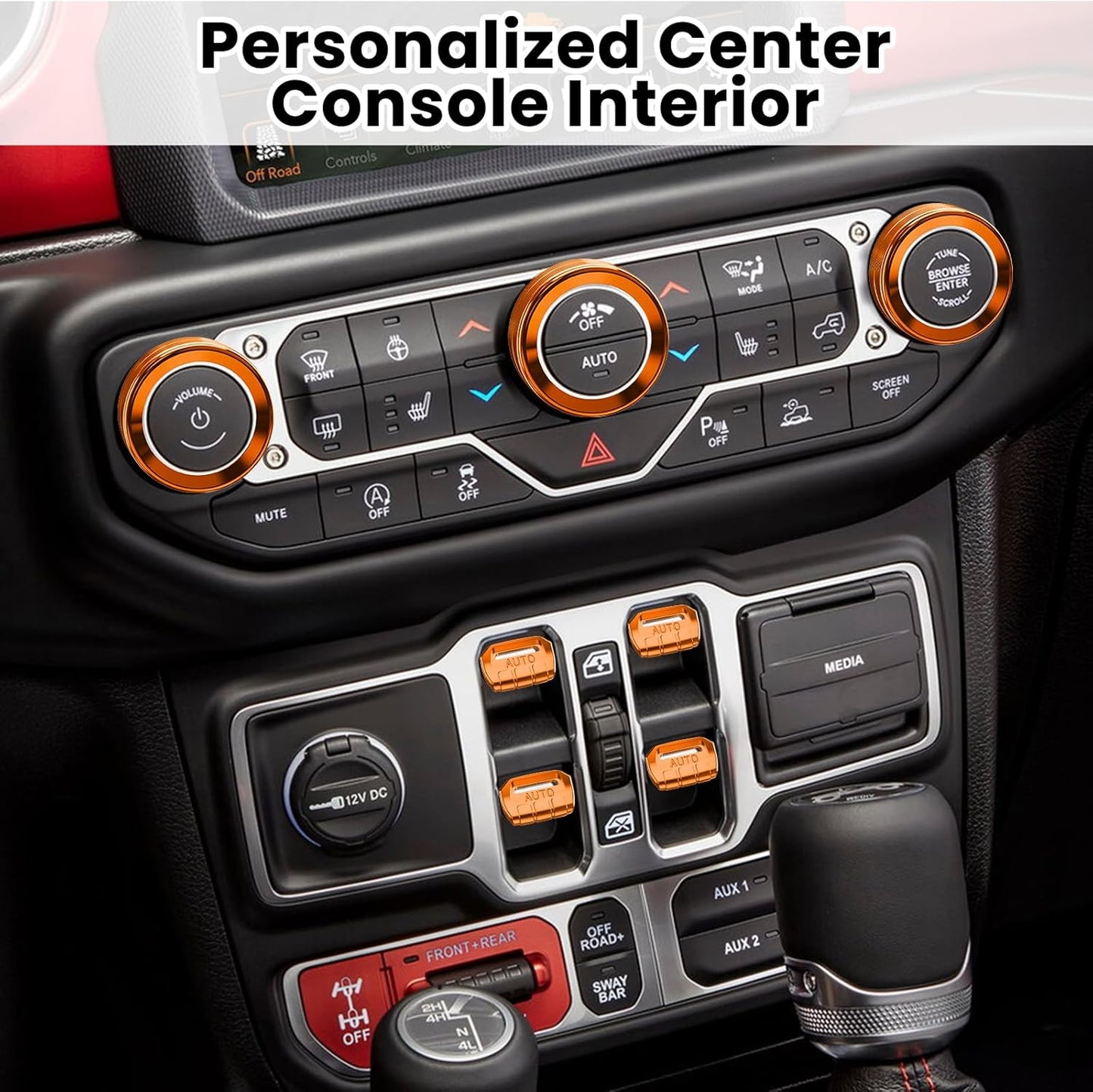 DIAMOOKY Jeep Wrangler & Gladiator Accessories Metal Button Knob Cover, Window Switch Button Cover Volume Radio Air Conditioner Headlight Switch Knob Cover,8PCS,Orange