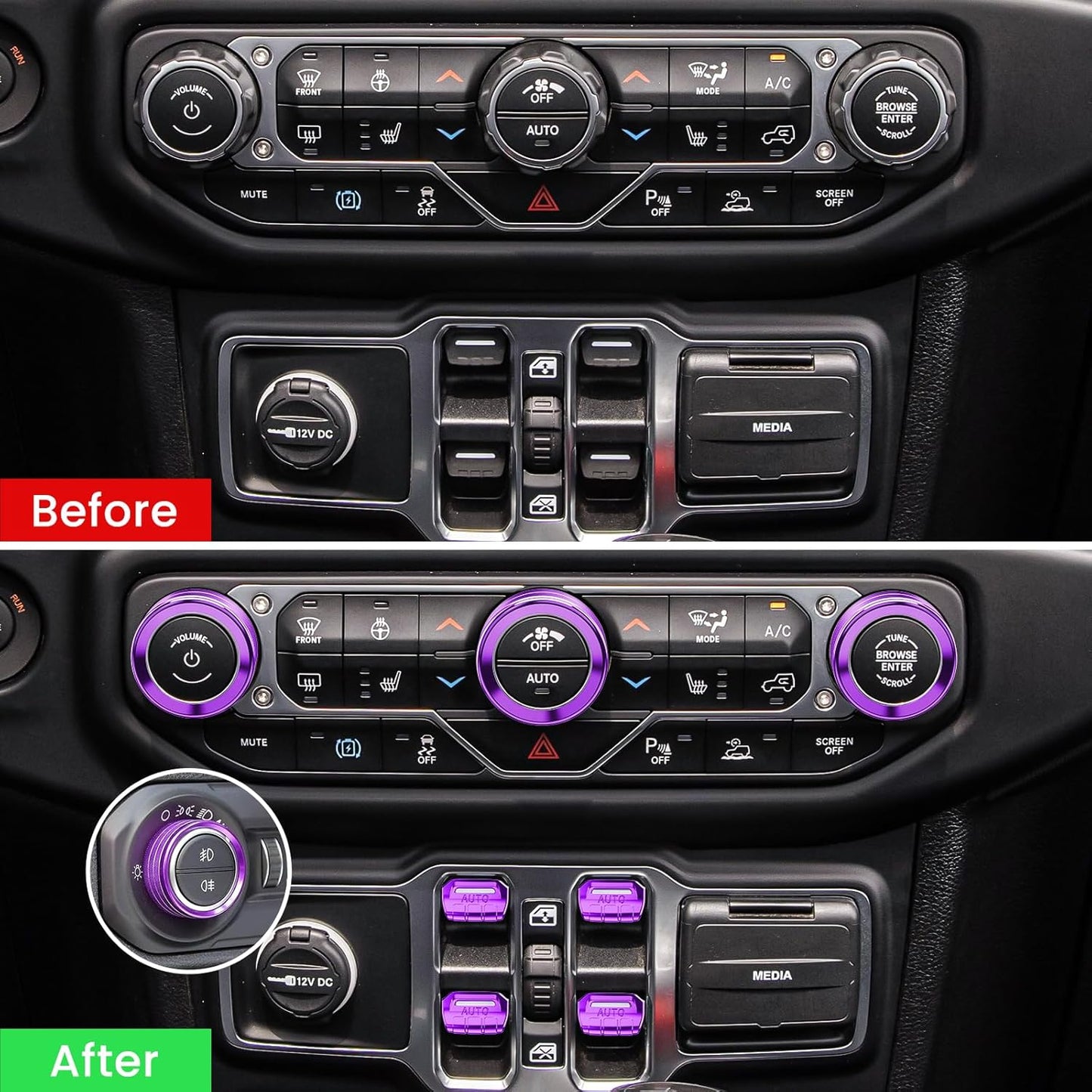 DIAMOOKY Jeep Wrangler & Gladiator Accessories Metal Button Knob Cover, Window Switch Button Cover Volume Radio Air Conditioner Headlight Switch Knob Cover,8PCS,Purple