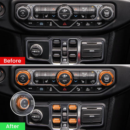 DIAMOOKY Jeep Wrangler & Gladiator Accessories Metal Button Knob Cover, Window Switch Button Cover Volume Radio Air Conditioner Headlight Switch Knob Cover,8PCS,Orange