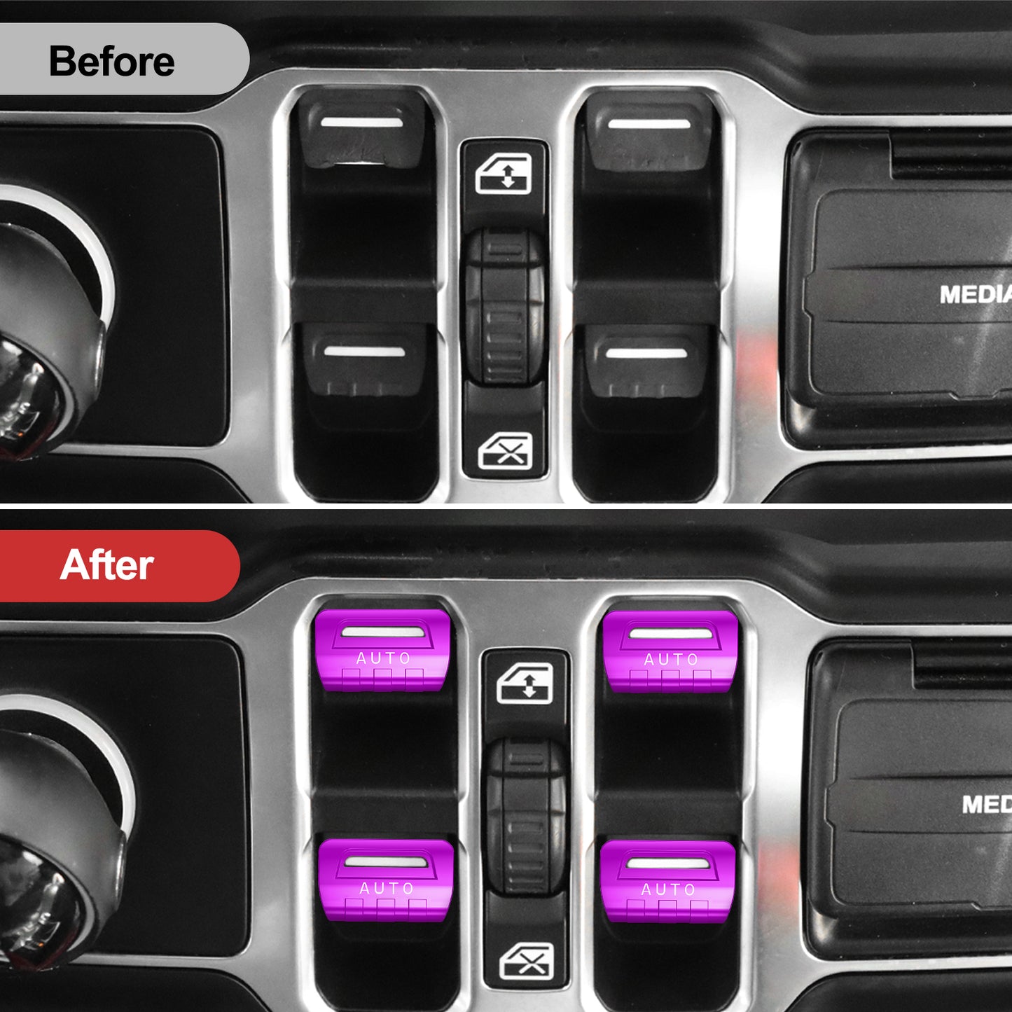 DIAMOOKY Metal Window Switch Button Cover 4PCS for Jeep Wrangler JL JLU 2018-2025 and Gladiator JT 2020-2025 Accessories, Purple