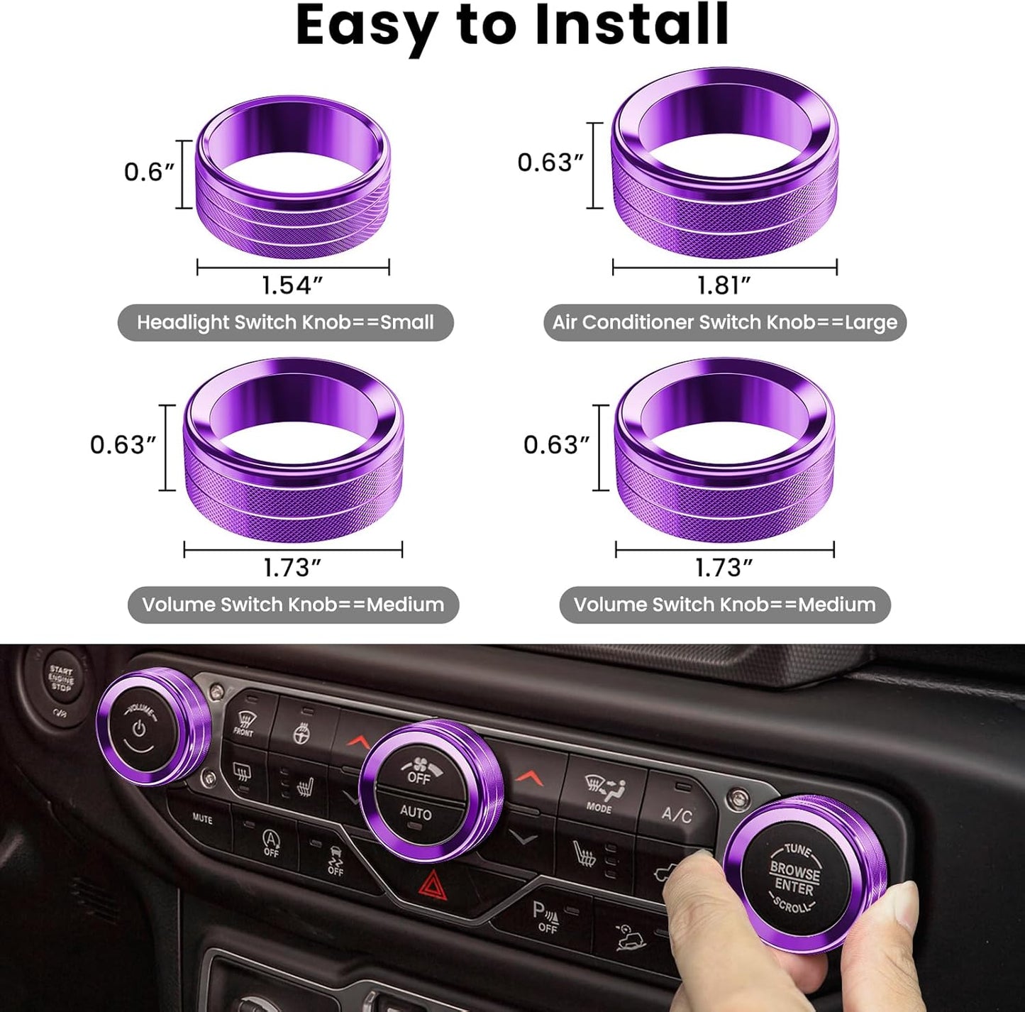 DIAMOOKY Jeep Wrangler & Gladiator Accessories Metal Button Knob Cover, Window Switch Button Cover Volume Radio Air Conditioner Headlight Switch Knob Cover,8PCS,Purple