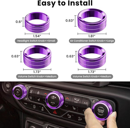 DIAMOOKY Jeep Wrangler & Gladiator Accessories Metal Button Knob Cover, Window Switch Button Cover Volume Radio Air Conditioner Headlight Switch Knob Cover,8PCS,Purple