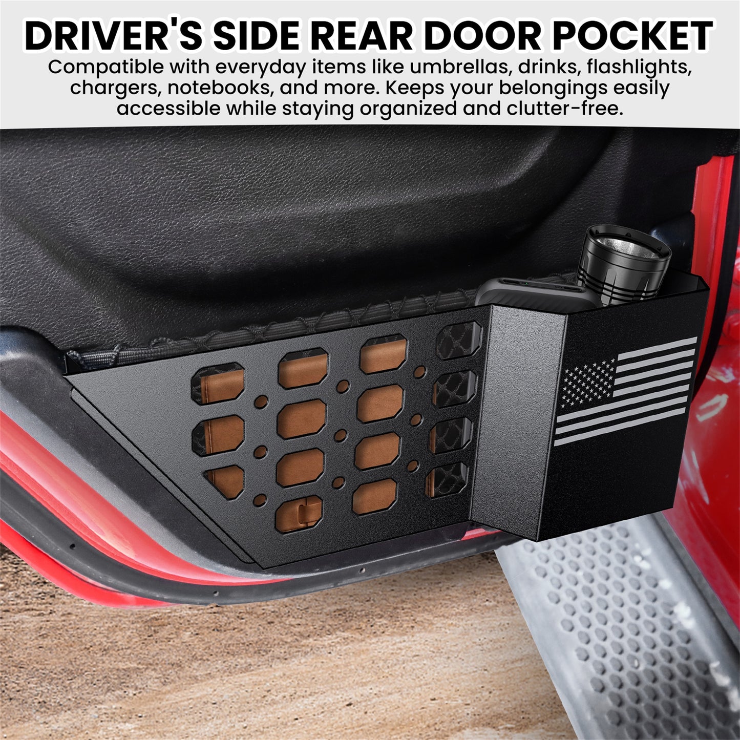 DIAMOOKY Rear Door Pocket Storage Box for Jeep Wrangler JL JLU 4XE 2018-2025 & Gladiator JT 2020-2022 2023 2024 2025, 2PCS - Rear Door Flag