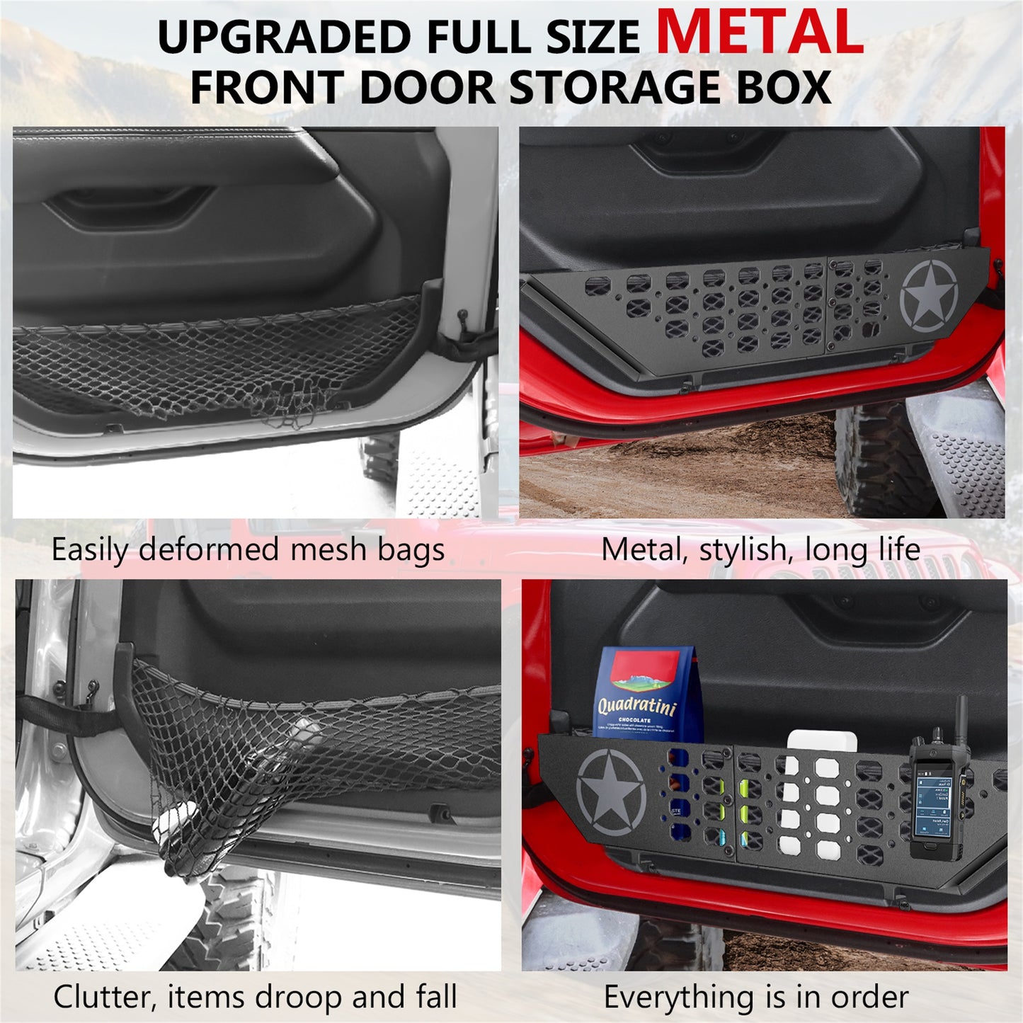 DIAMOOKY Front Door Pocket Storage Box for Jeep Wrangler JL JLU 4XE 2018-2025 & Gladiator JT 2020-2022 2023 2024 2025, 2PCS - Front Door Flat Star