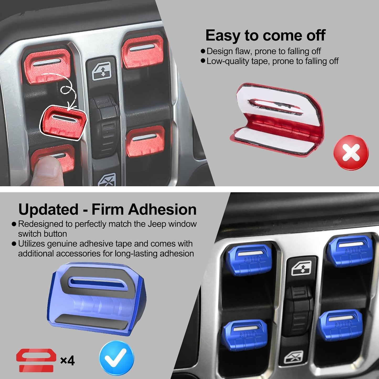 DIAMOOKY Window Switch Button Cover for Jeep Wrangler JL JLU 2025-2018 & Gladiator JT 2020-2025 4PCS, Blue