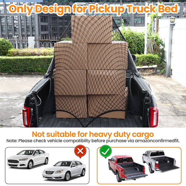 Diamooky 7ft x 7ft Truck Bed Cargo Net – Heavy-Duty Double-Layer Mesh with 8 Hooks, Universal Fit