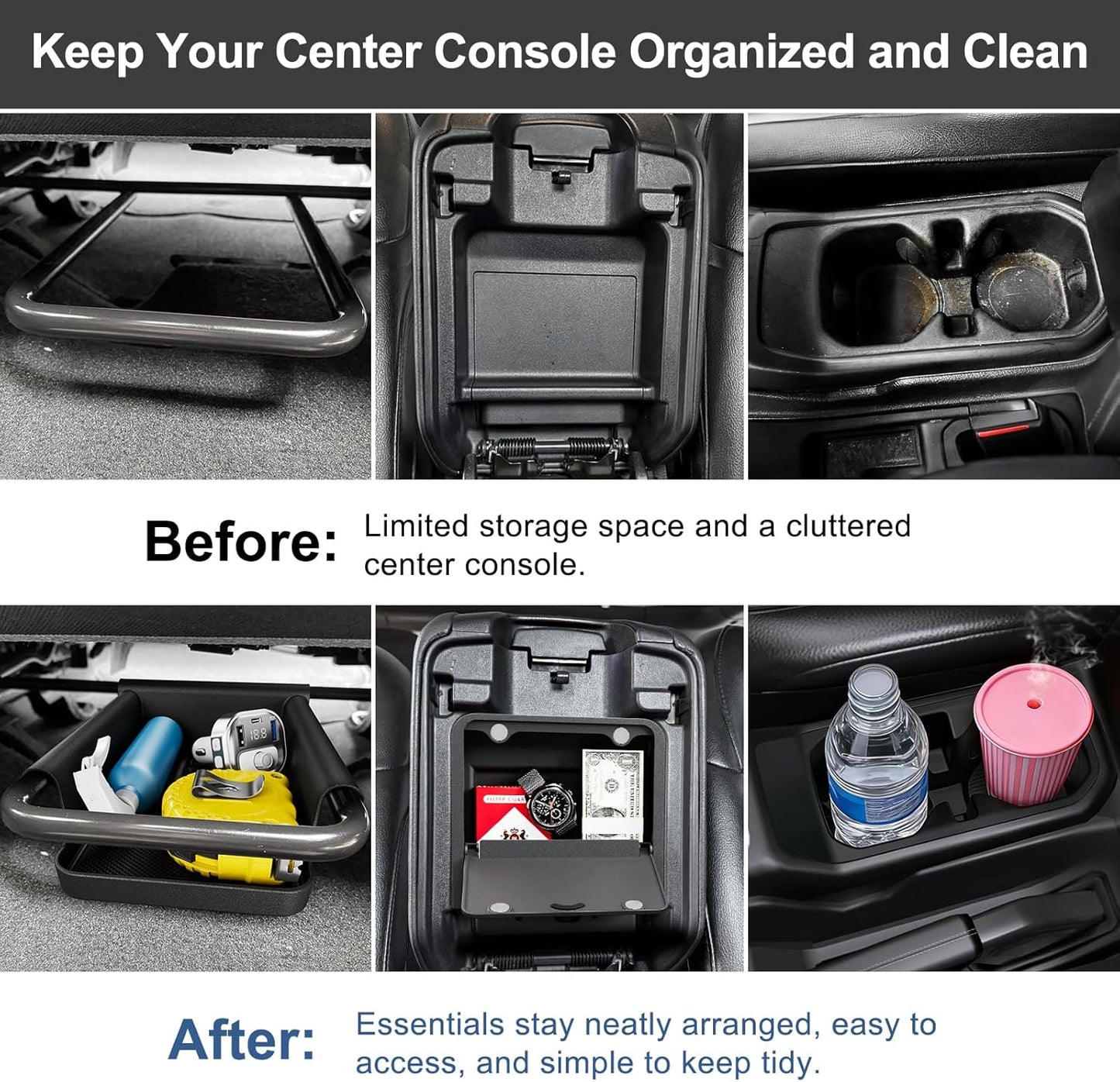 DIAMOOKY 3PCS Front Under Seat Storage Organizer for Jeep Wrangler JL JLU 2018-2026 & Gladiator JT 2020-2023 2024 2025 2026 Accessories Hidden Center Console Organizer Cup Holder (Not for Power Seat) - image 3