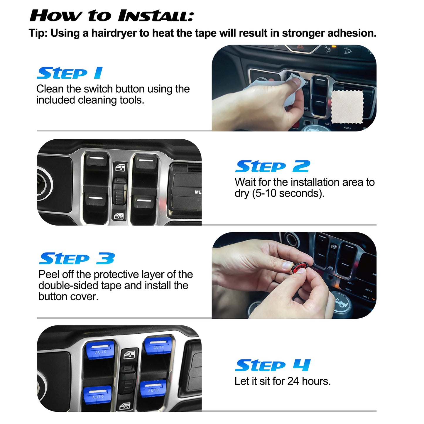 DIAMOOKY Metal Window Switch Button Cover 4PCS for Jeep Wrangler JL JLU 2018-2025 and Gladiator JT 2020-2025 Accessories,Blue