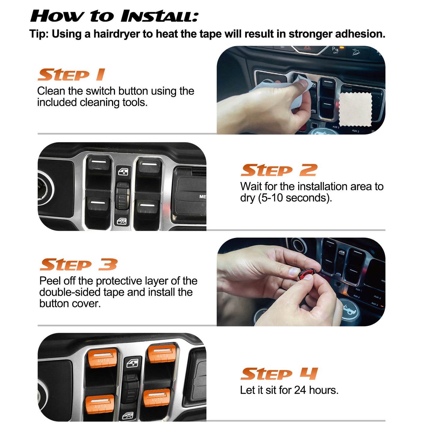 DIAMOOKY Metal Window Switch Button Cover 4PCS for Jeep Wrangler JL JLU 2018-2025 and Gladiator JT 2020-2025 Accessories,Orange