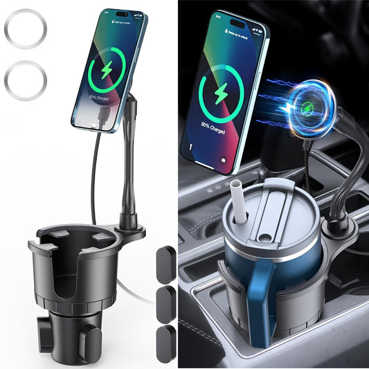 DIAMOOKY Magnetic Cup Holder Phone Mount for Magsafe Wireless Car Mount Charger 15W Cell Phone Stand with Adjustable Height for iPhone 12-16 Series, Flexible Tube