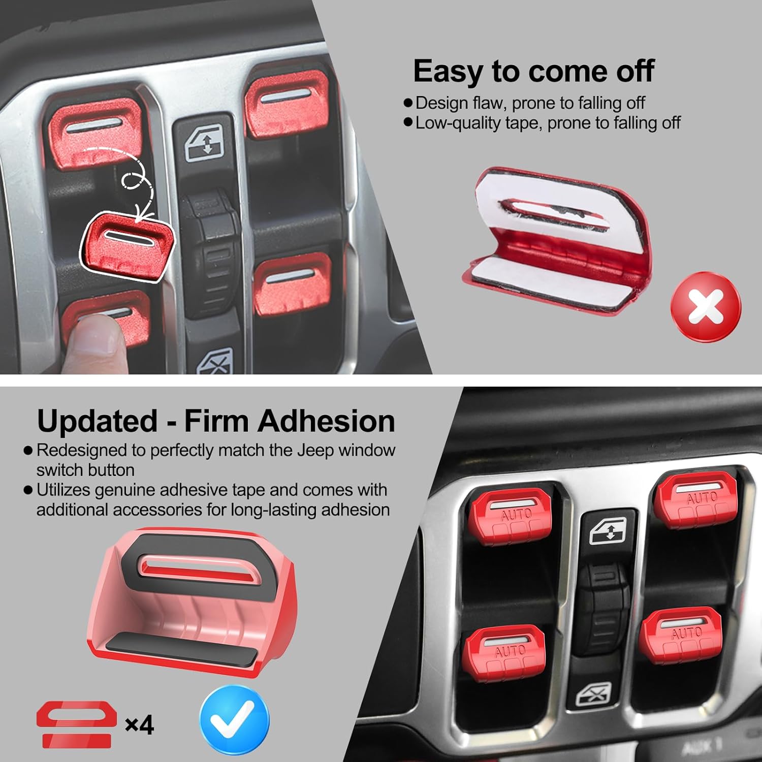 DIAMOOKY 4PCS Upgraded Window Switch Button Cover Compatible with Jeep Wrangler JL JLU 2018-2026 and Gladiator JT 2020 2021 2022 2023 2024 2025 2026 Wrangler 4xe Interior Accessories(Bright Red) - image 5