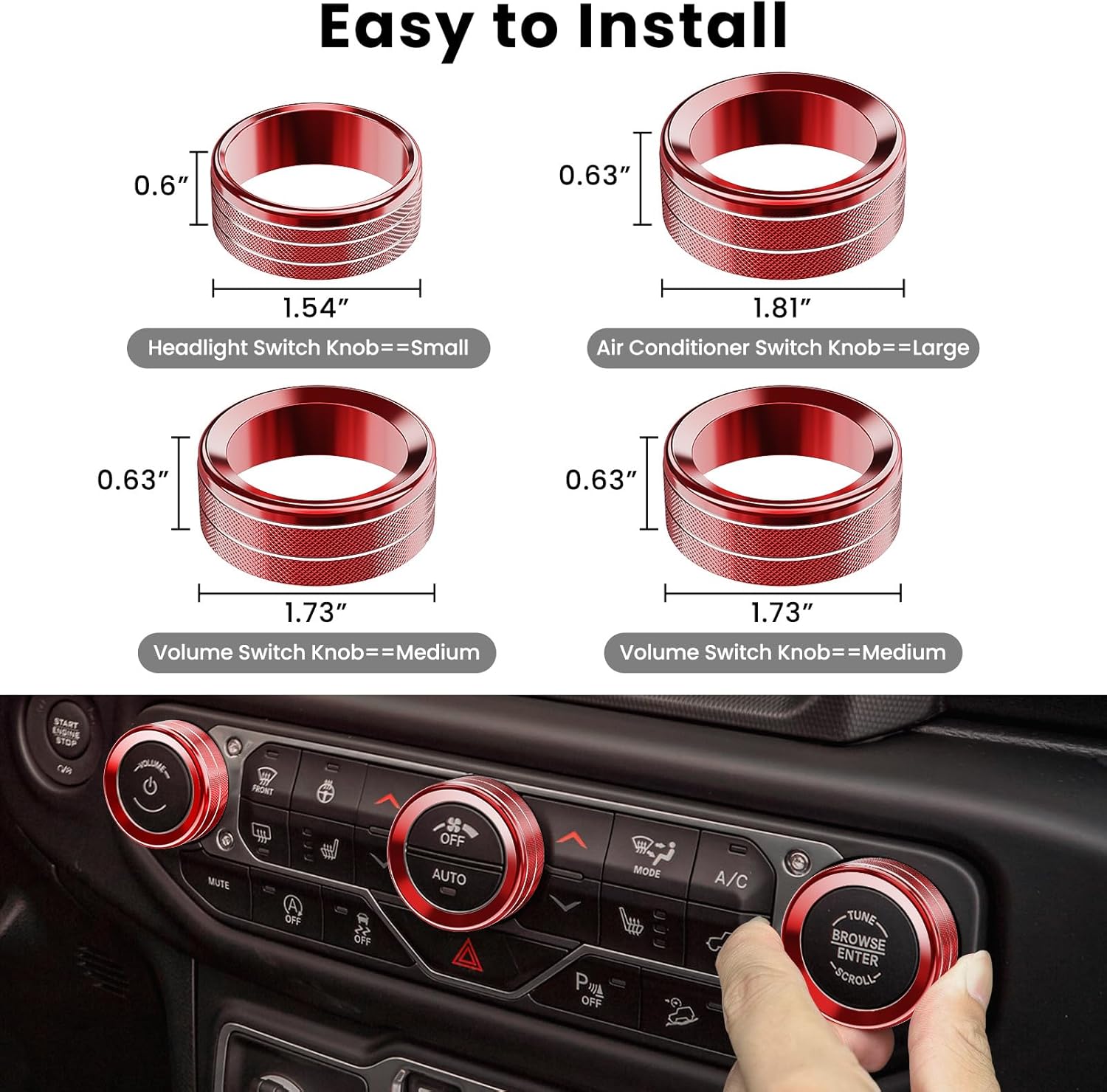 DIAMOOKY 8PCS Metal Button Knob Cover for Jeep Wrangler JL JLU 2018-2025 2026 & Gladiator JT Accessories Window Switch Button Cover Volume Radio Air Conditioner Headlight Switch Knob Cover (Red) - image 7