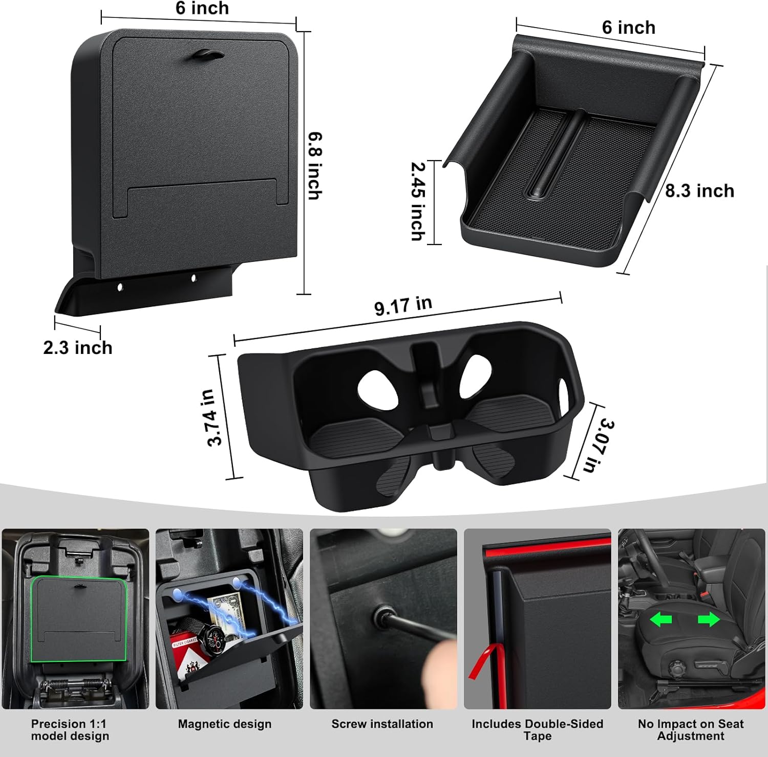 DIAMOOKY 3PCS Front Under Seat Storage Organizer for Jeep Wrangler JL JLU 2018-2026 & Gladiator JT 2020-2023 2024 2025 2026 Accessories Hidden Center Console Organizer Cup Holder (Not for Power Seat) - image 9