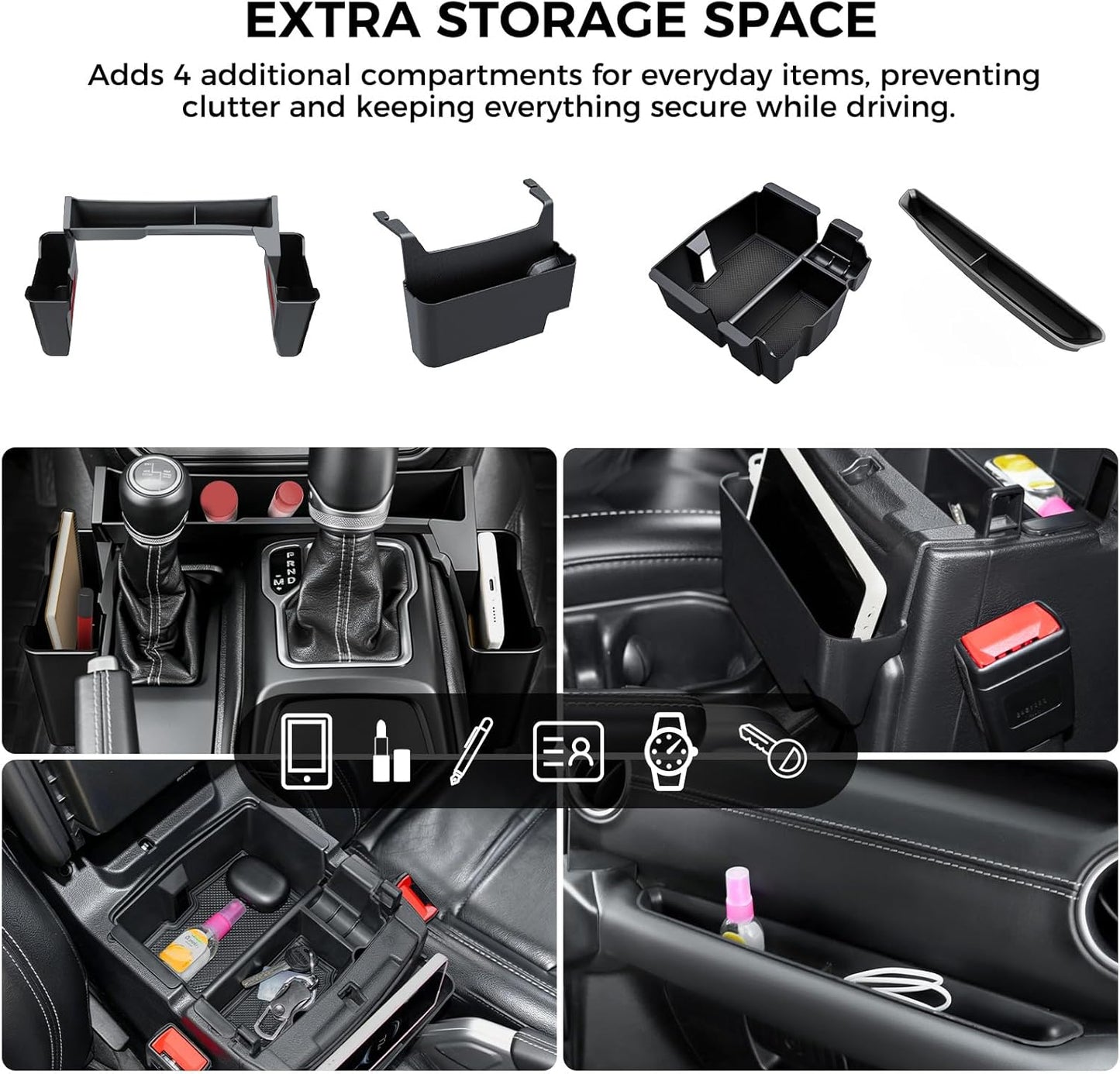 DIAMOOKY 4PCS Upgraded Center Console Organizer for Jeep Wrangler JL JLU 4xe 2018-2026 & Gladiator JT 2020-2024 2025 2026 Accessories Gear Shift Side Tray Hanging Armrest Storage Box (Not for JK/JKU) - image 3
