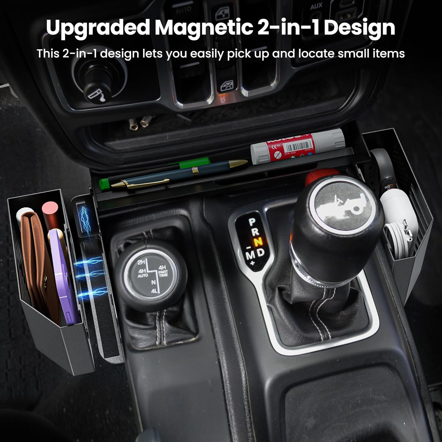 DIAMOOKY Upgraded Metal Magnetic Center Console Organizer for Jeep Wrangler JL/JLU/4XE 2018-2026 & Gladiator JT 2026 2025 2024-2020 Accessories, Gear Shift Side Storage Box,Integrated (Not for JK/JKU) - image 2