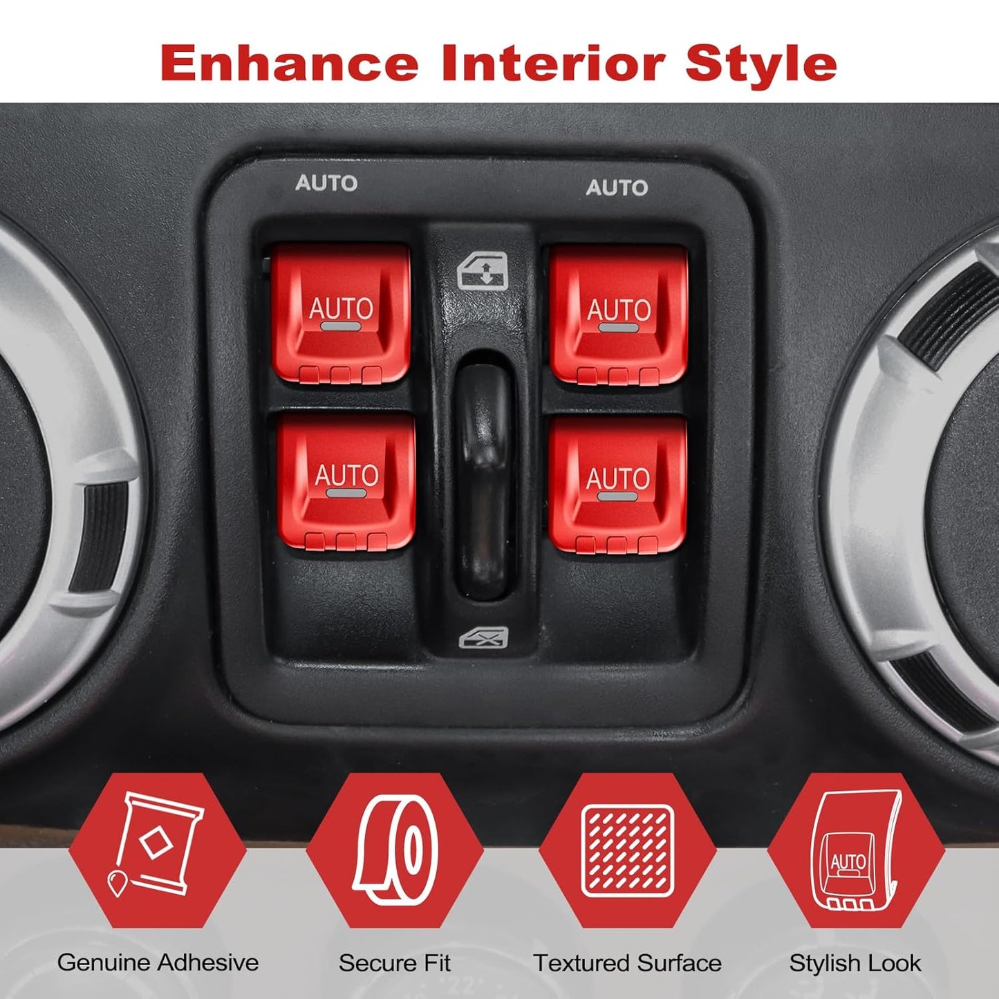 DIAMOOKY Upgraded Metal Window Switch Button Cover for Jeep Wrangler JK JKU 2018 2017 2016 2015 2014 2013 2012 2011 Interior Accessories, Aluminum Alloy, Red - 4pcs - image 5