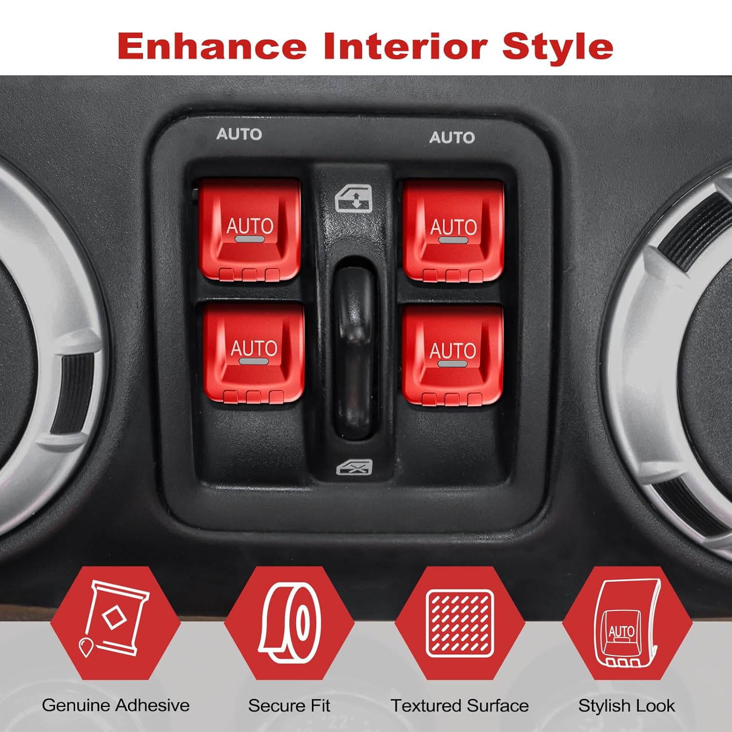 DIAMOOKY Upgraded Metal Window Switch Button Cover for Jeep Wrangler JK JKU 2018 2017 2016 2015 2014 2013 2012 2011 Interior Accessories, Aluminum Alloy, Red - 4pcs - image 5