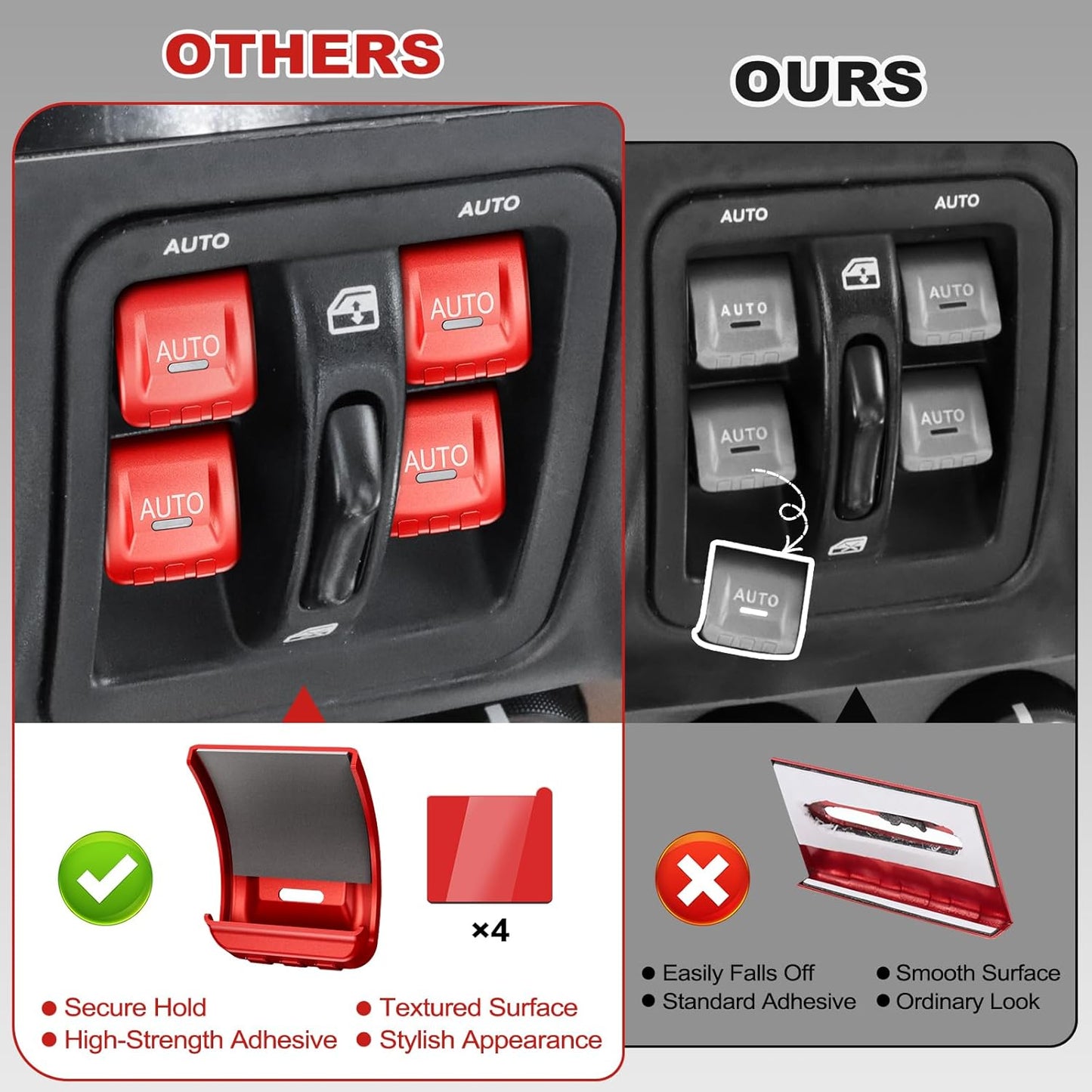 DIAMOOKY Upgraded Metal Window Switch Button Cover for Jeep Wrangler JK JKU 2018 2017 2016 2015 2014 2013 2012 2011 Interior Accessories, Aluminum Alloy, Red - 4pcs - image 6