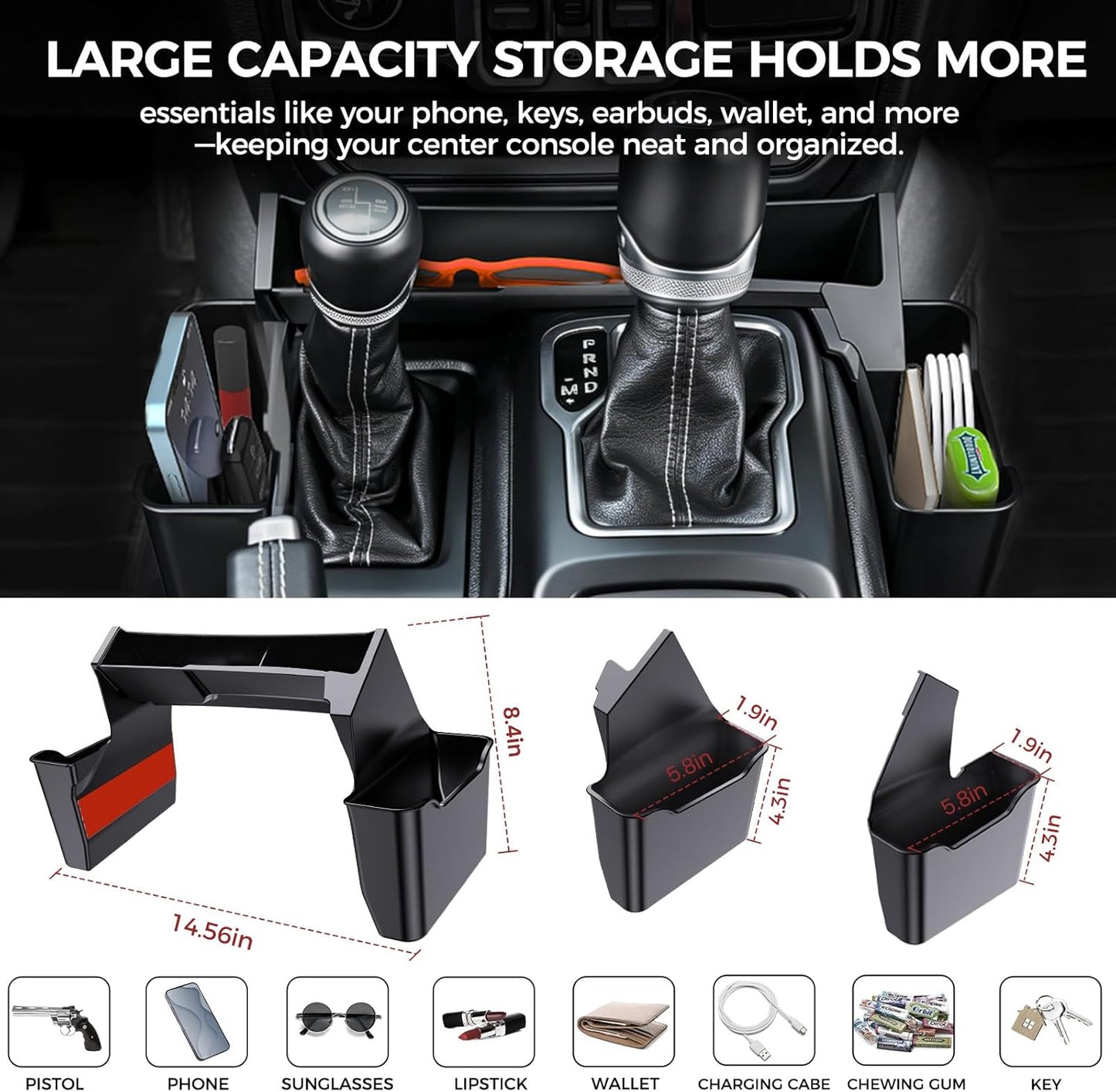 DIAMOOKY 4PCS Upgraded Center Console Organizer for Jeep Wrangler JL JLU 4xe 2018-2026 & Gladiator JT 2020-2024 2025 2026 Accessories Gear Shift Side Tray Hanging Armrest Storage Box (Not for JK/JKU) - image 2