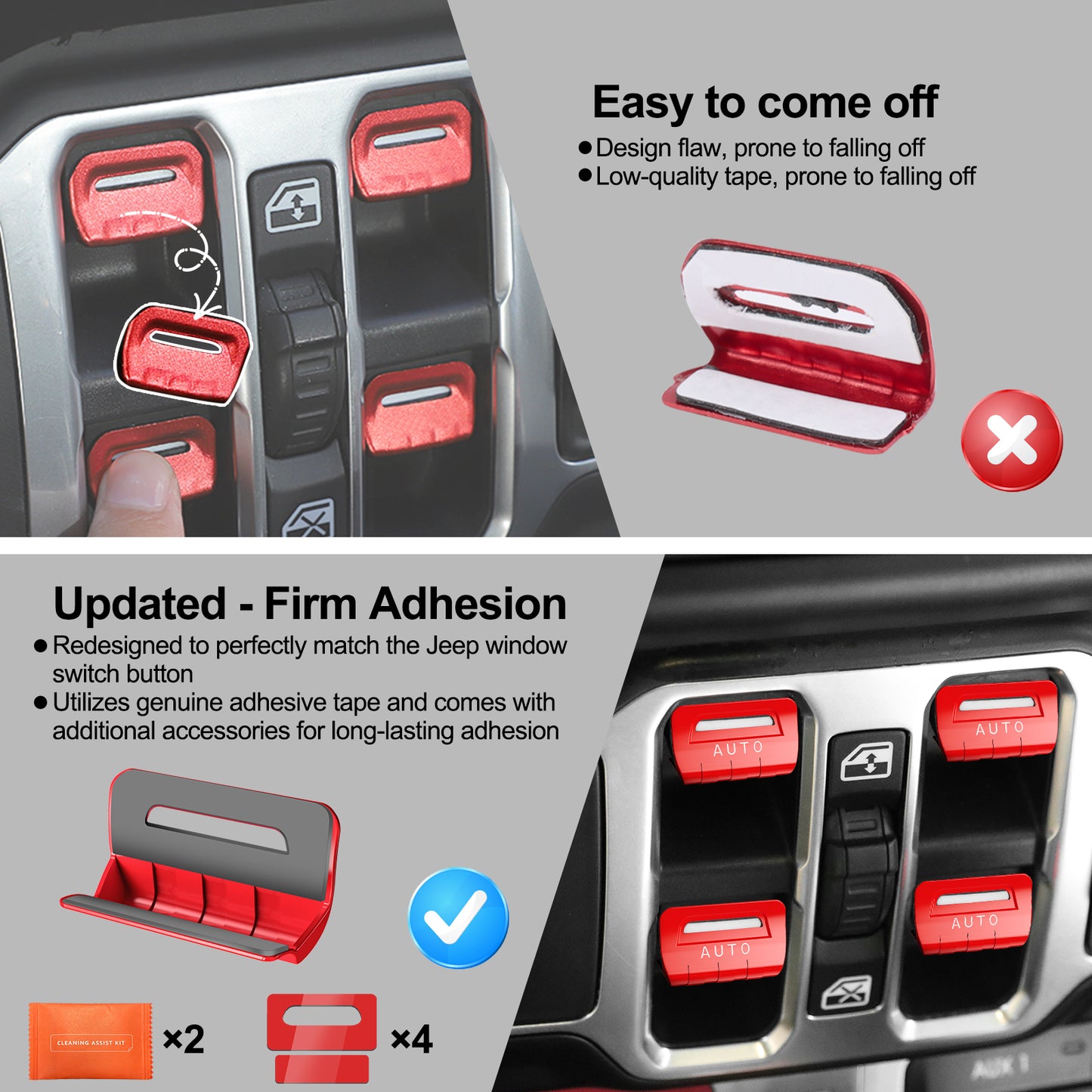 DIAMOOKY Metal Window Switch Button Cover 4PCS for Jeep Wrangler JL JLU 2018-2025 and Gladiator JT 2020-2025 Accessories,Red