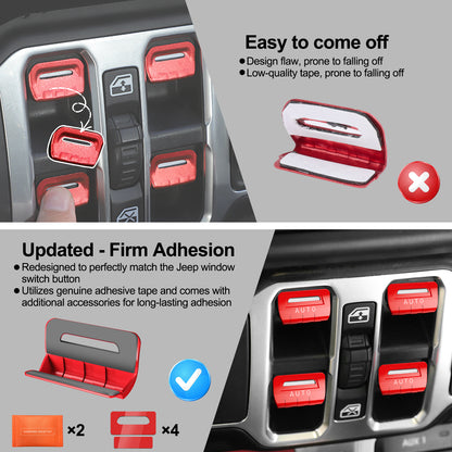 DIAMOOKY Metal Window Switch Button Cover 4PCS for Jeep Wrangler JL JLU 2018-2025 and Gladiator JT 2020-2025 Accessories,Red
