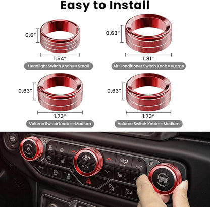 DIAMOOKY Jeep Wrangler & Gladiator Accessories Metal Button Knob Cover, Window Switch Button Cover Volume Radio Air Conditioner Headlight Switch Knob Cover, 8PCS, Red
