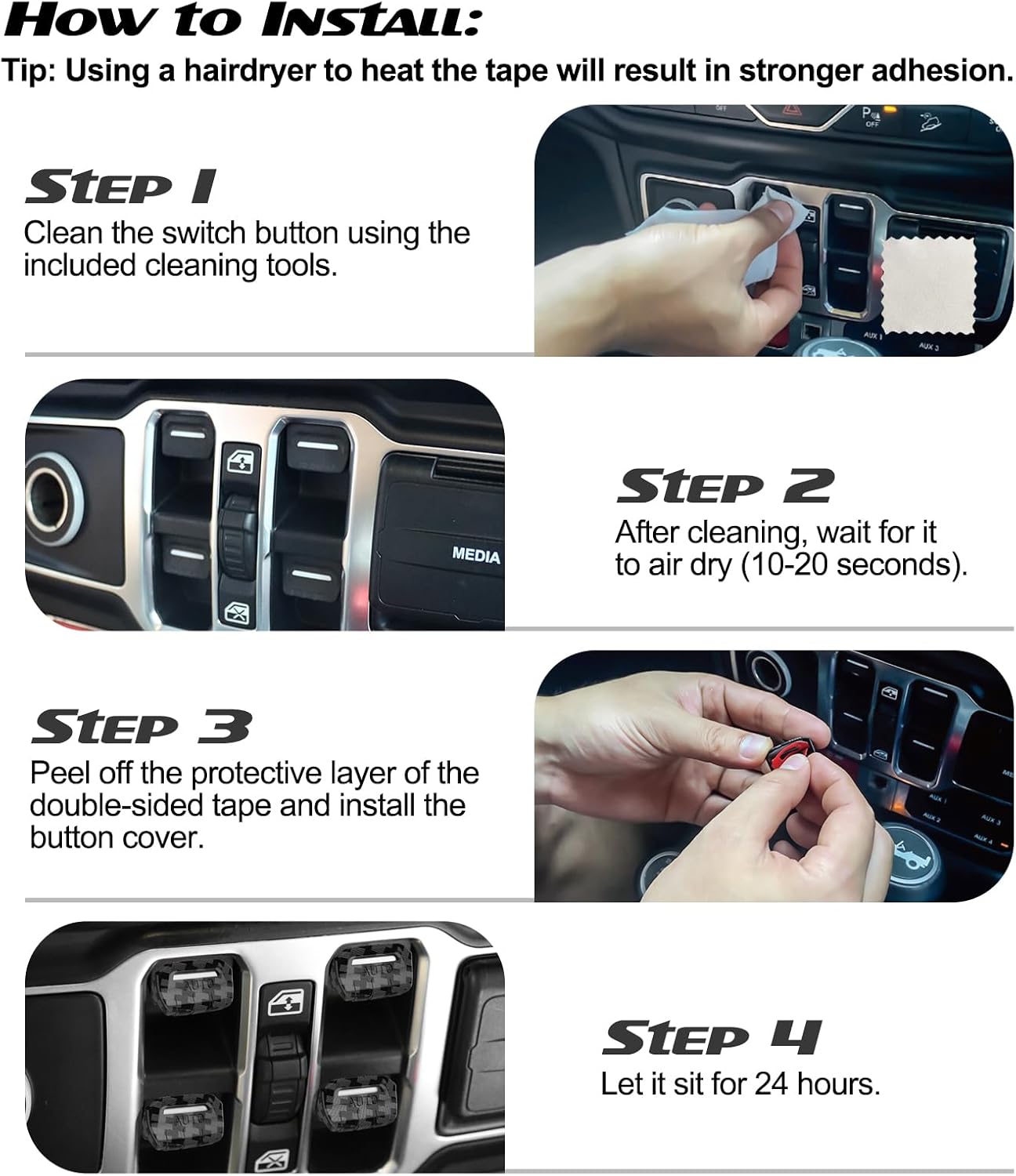 DIAMOOKY Window Switch Button Cover for Jeep Wrangler JL JLU 2025-2018 & Gladiator JT 2020-2025 4PCS, Black