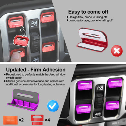 DIAMOOKY Metal Window Switch Button Cover 4PCS for Jeep Wrangler JL JLU 2018-2025 and Gladiator JT 2020-2025 Accessories, Purple