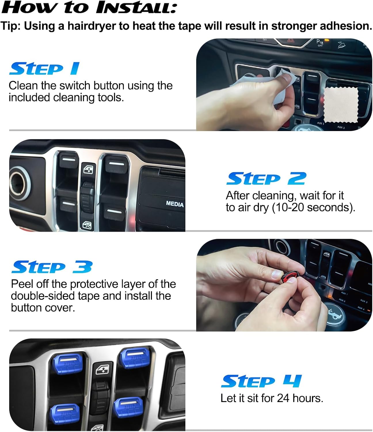 DIAMOOKY Window Switch Button Cover for Jeep Wrangler JL JLU 2025-2018 & Gladiator JT 2020-2025 4PCS, Blue