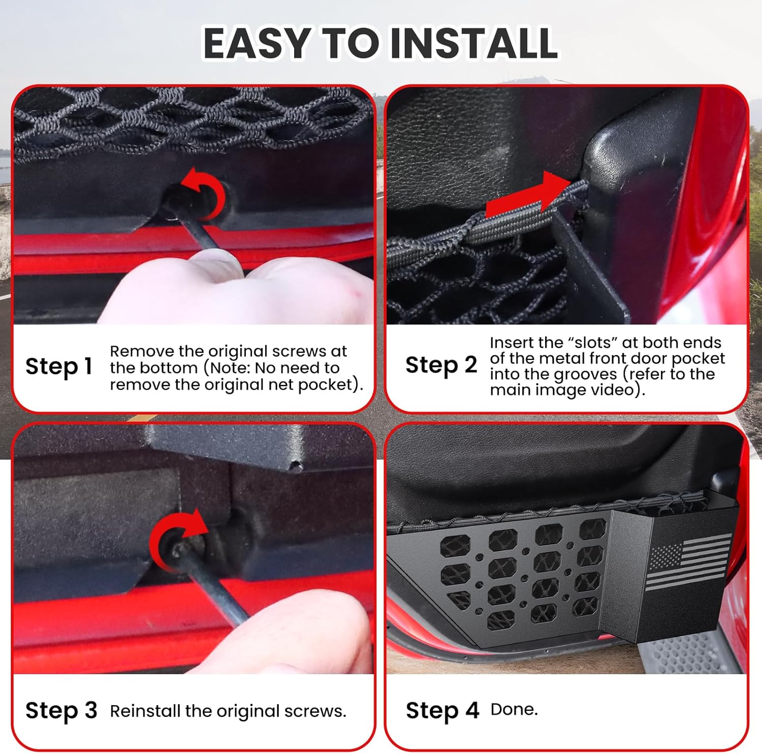 DIAMOOKY Metal Rear Door Pocket Storage Box for Jeep Wrangler JL JLU 4XE 2018-2026 & Gladiator JT 2020-2023 2023 2024 2025 2026 Accessories Door Storage Organizer Molle Panels, Flag, 2PCS - image 8