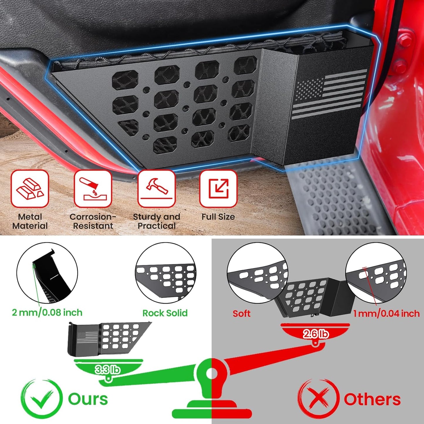 DIAMOOKY Metal Rear Door Pocket Storage Box for Jeep Wrangler JL JLU 4XE 2018-2026 & Gladiator JT 2020-2023 2023 2024 2025 2026 Accessories Door Storage Organizer Molle Panels, Flag, 2PCS - image 3