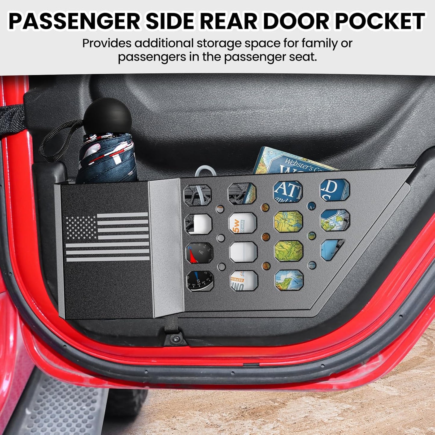 DIAMOOKY Metal Rear Door Pocket Storage Box for Jeep Wrangler JL JLU 4XE 2018-2026 & Gladiator JT 2020-2023 2023 2024 2025 2026 Accessories Door Storage Organizer Molle Panels, Flag, 2PCS - image 4